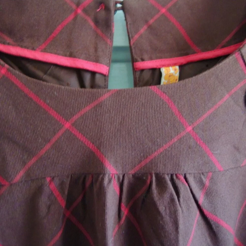 Anthro Maeve Brown & Red Silk Blend Windowpane Shift Dress 12